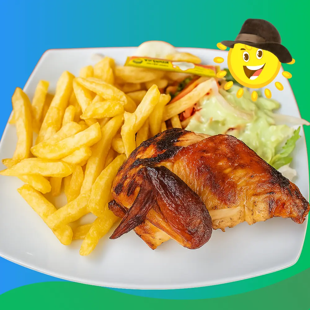 1/4 POLLO A LA BRASA C/ PAPA FRITA Y ENSALADA
