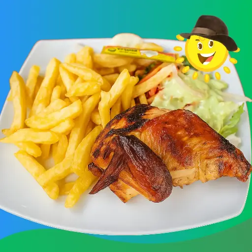 1/4 POLLO A LA BRASA C/ PAPA FRITA Y ENSALADA